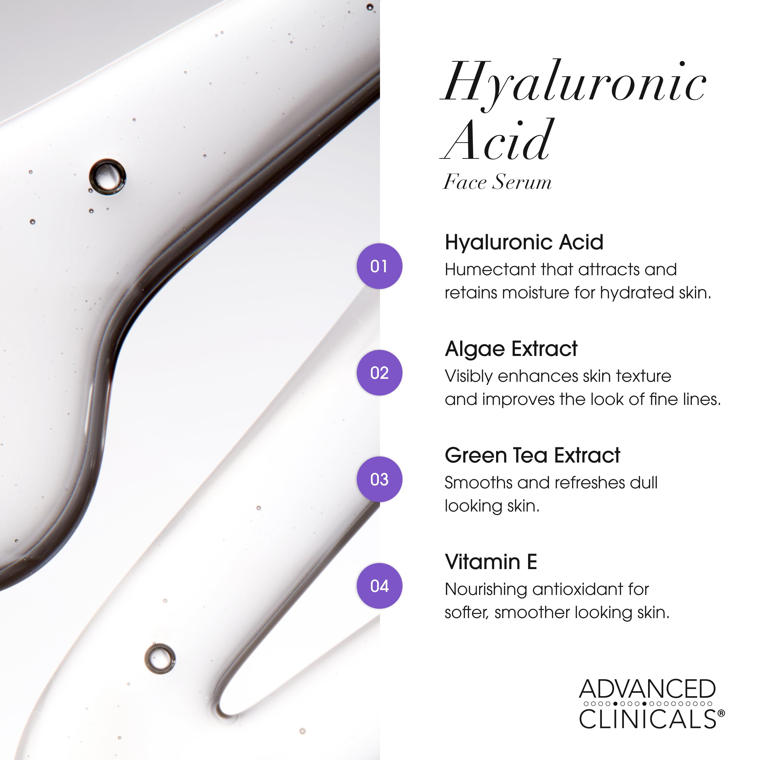 Advanced Clinicals Hyaluronic Acid Serum vitamin E botanicals scene highlighting antioxidant support.