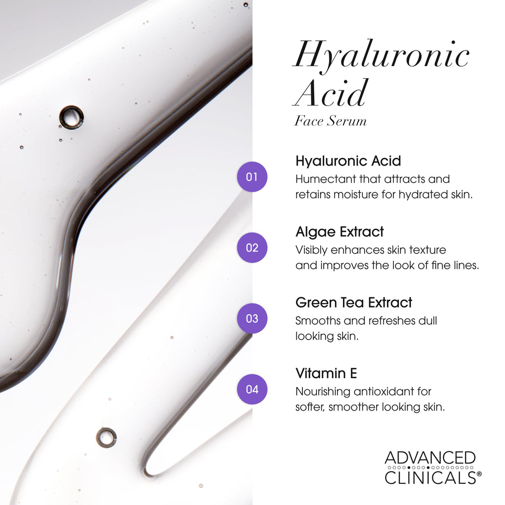 Advanced Clinicals Hyaluronic Acid Serum vitamin E botanicals scene highlighting antioxidant support.