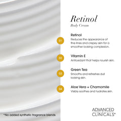 Advanced Clinicals retinol body cream label highlights fragrance-free formula