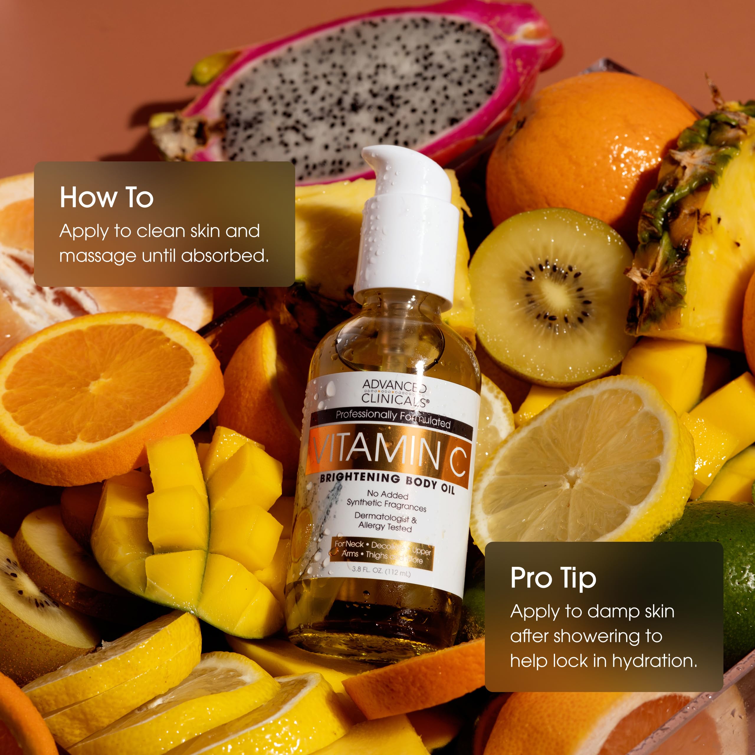 Advanced Clinicals bottle beside natural ingredients like rosehip oil