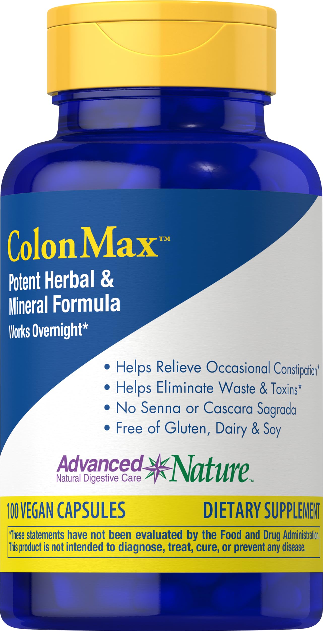 Advanced Nature ColonMax bottle with vegan capsules promoting digestive comfort and daily support.