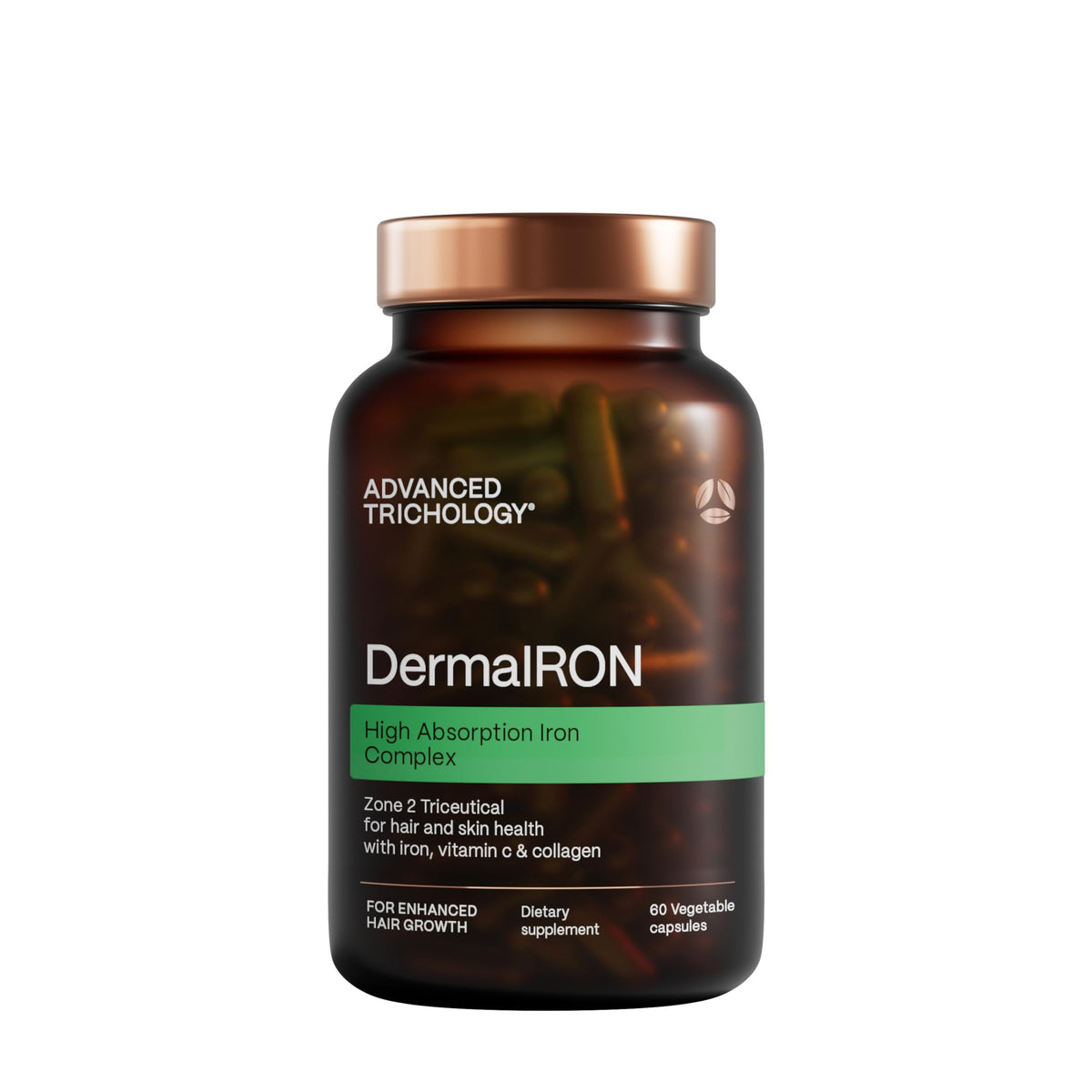 Advanced Trichology DermaIRON bottle front for easy iron support on the go.