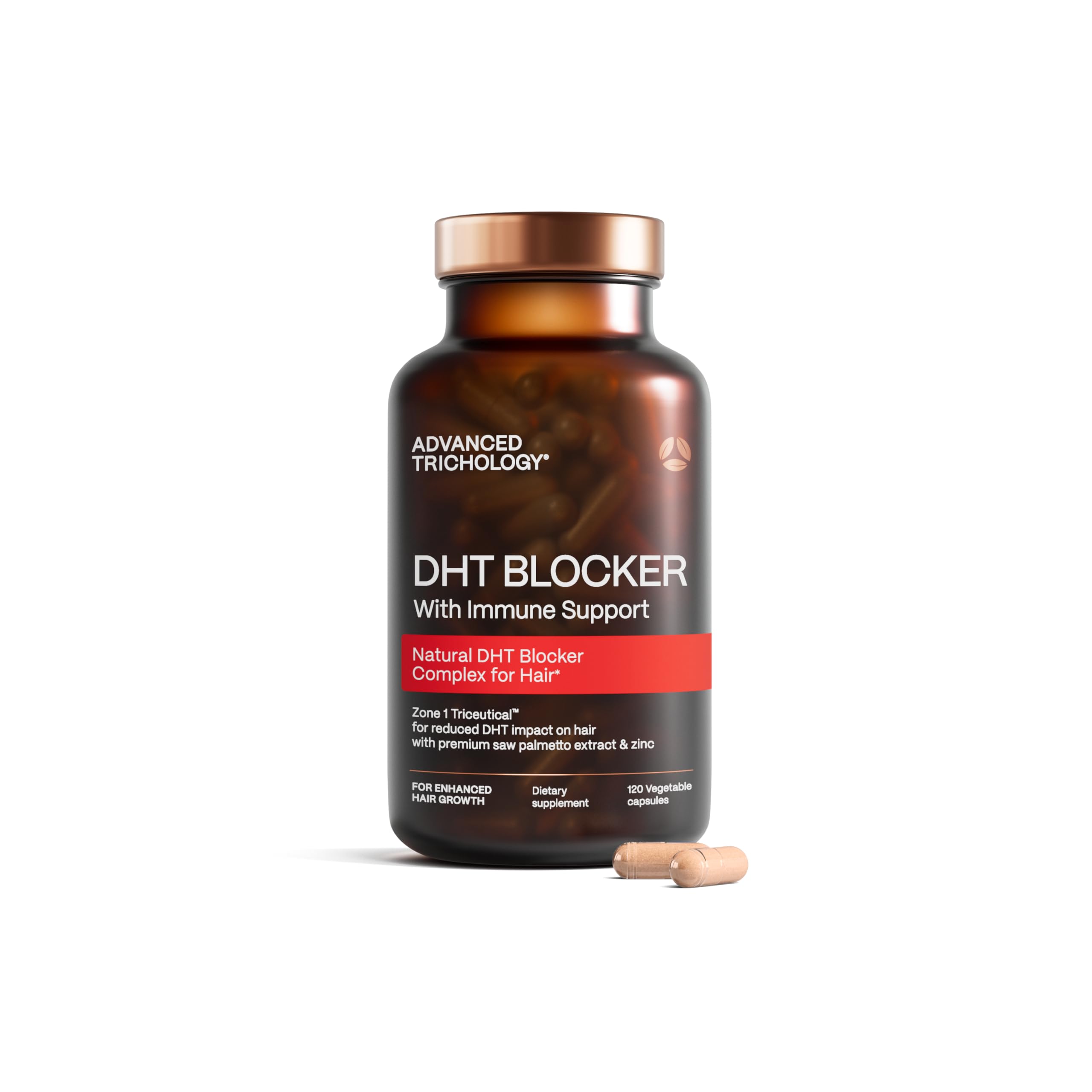 Advanced Trichology DHT Blocker bottle front, suggesting targeted thinning support.