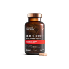 Advanced Trichology DHT Blocker bottle front, suggesting targeted thinning support.