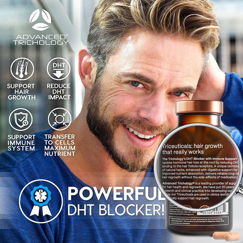 Advanced Trichology DHT Blocker tablet closeup with natural ingredients detail.
