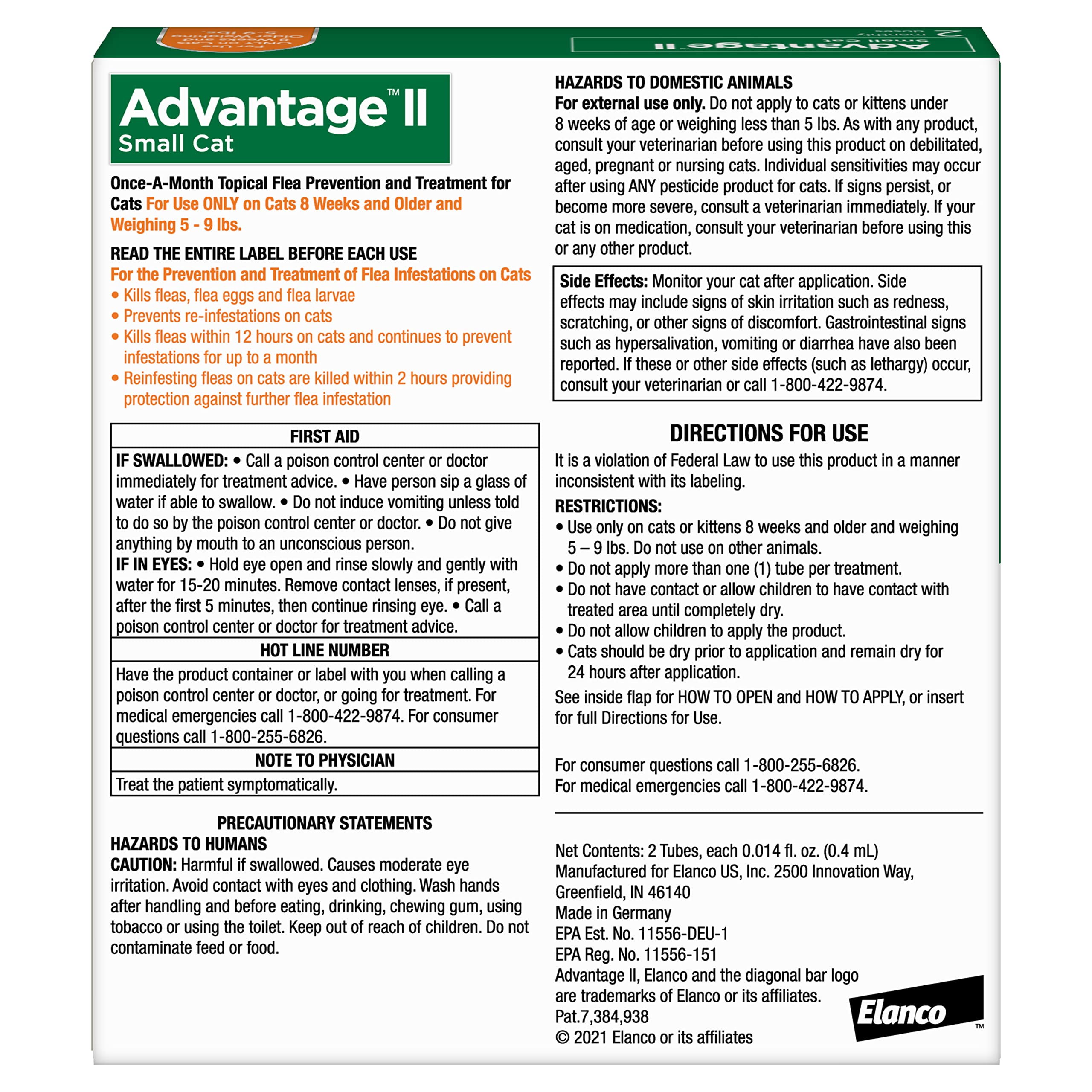 Advantage II Small Cat spot-on at the neck base for monthly protection