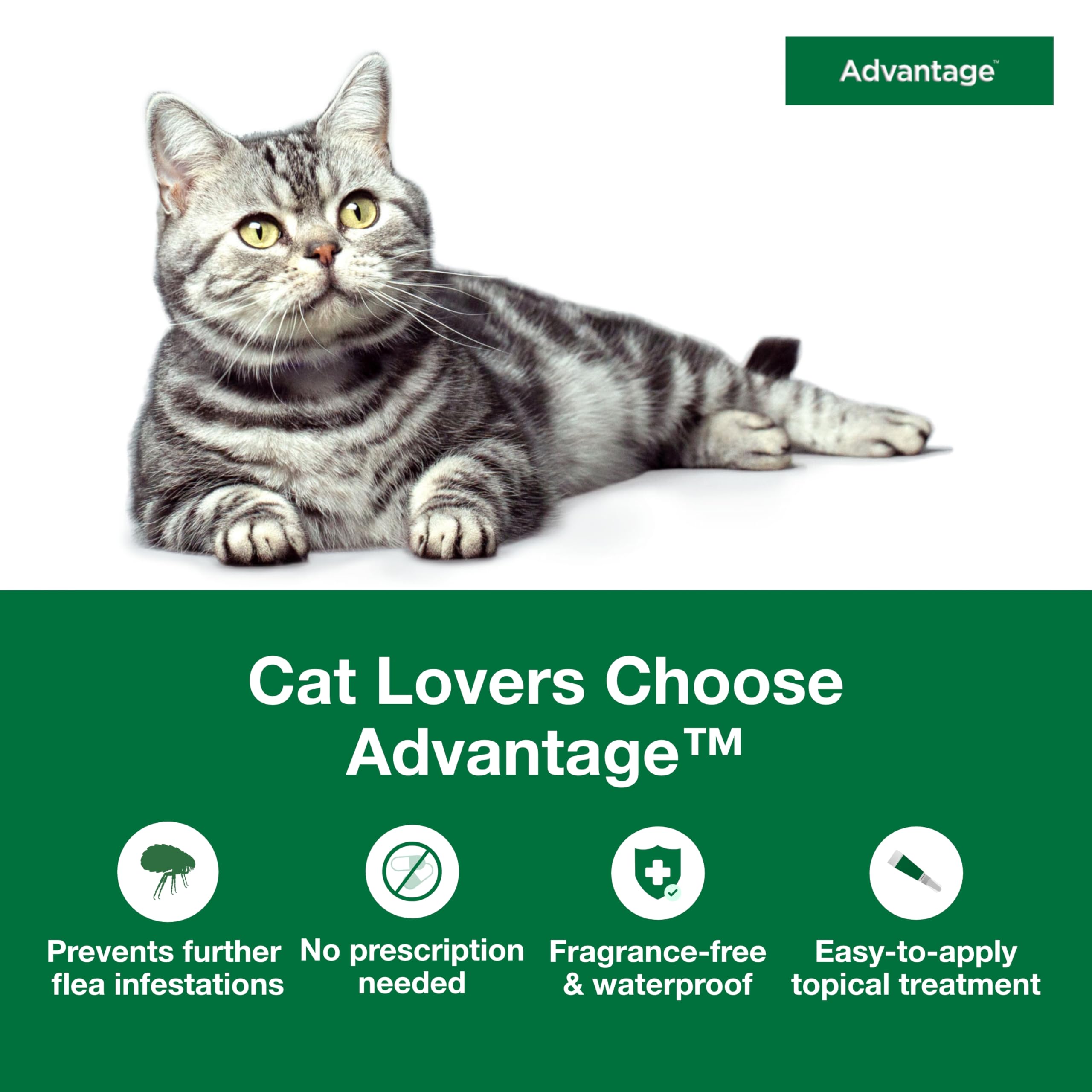 Advantage Large Cat flea drops feature a waterproof formula for daily activity.