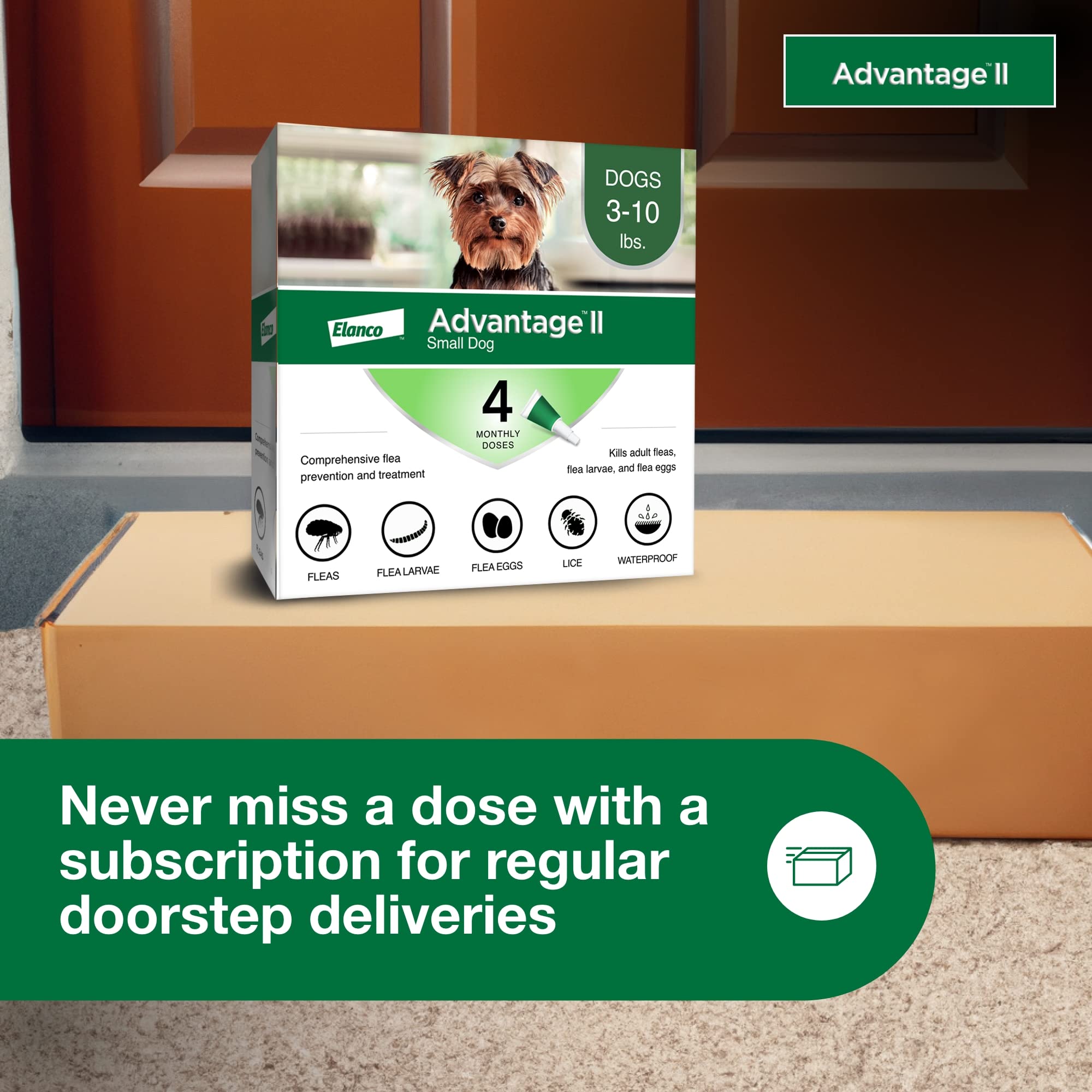 Advantage II Small Dog targets dogs 7 weeks or older and 3–10 lbs.