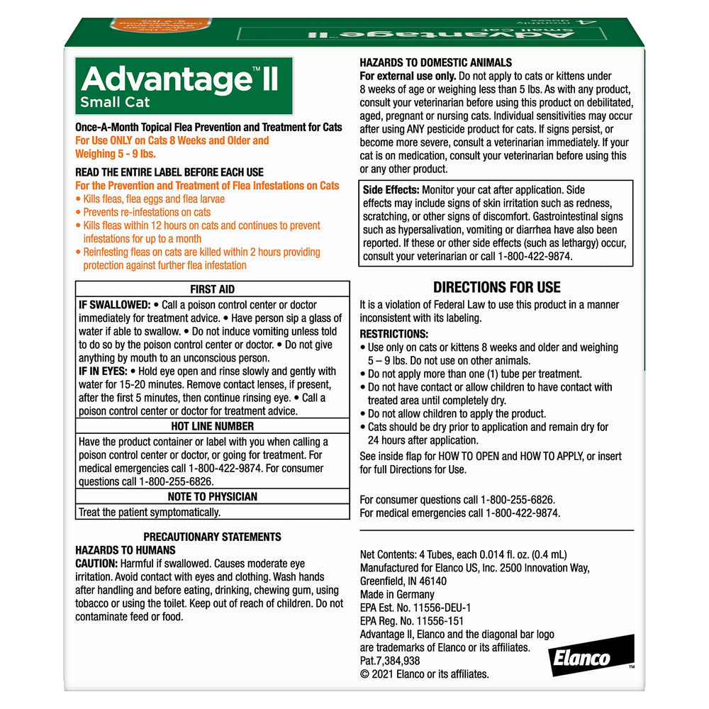 Advantage II Small Cat delivers 30 days of full flea protection after application.