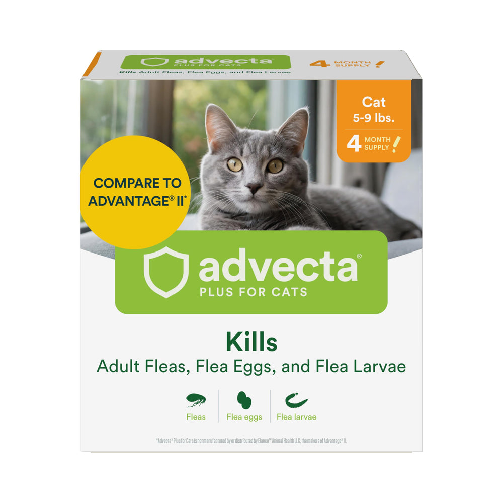 Advecta Plus cat flea treatment bottle application shows easy, fast-acting protection for felines.