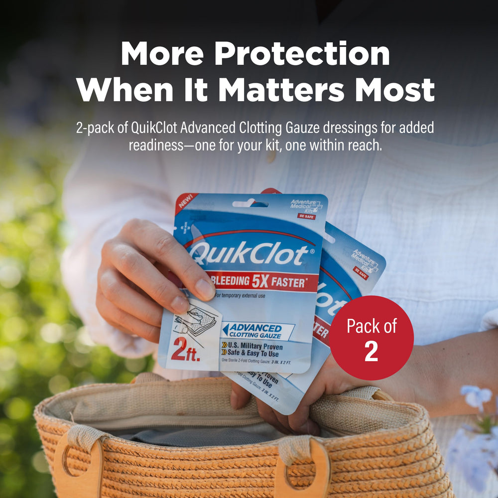 QuikClot gauze kaolin closeup from Adventure Medical Kits showing mineral-accelerated clotting