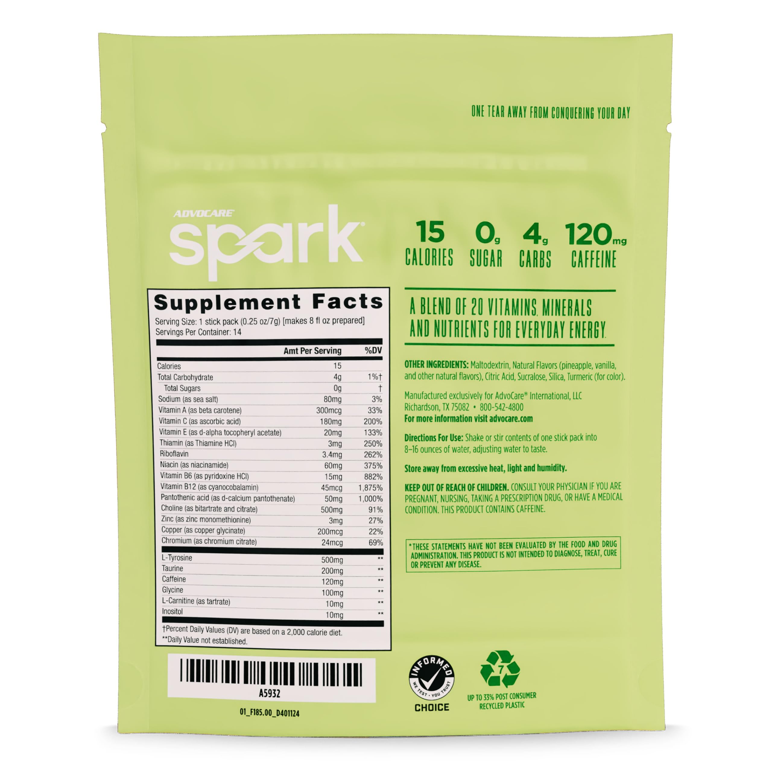 AdvoCare Spark closeup powder dispense highlighting caffeine and amino acids.