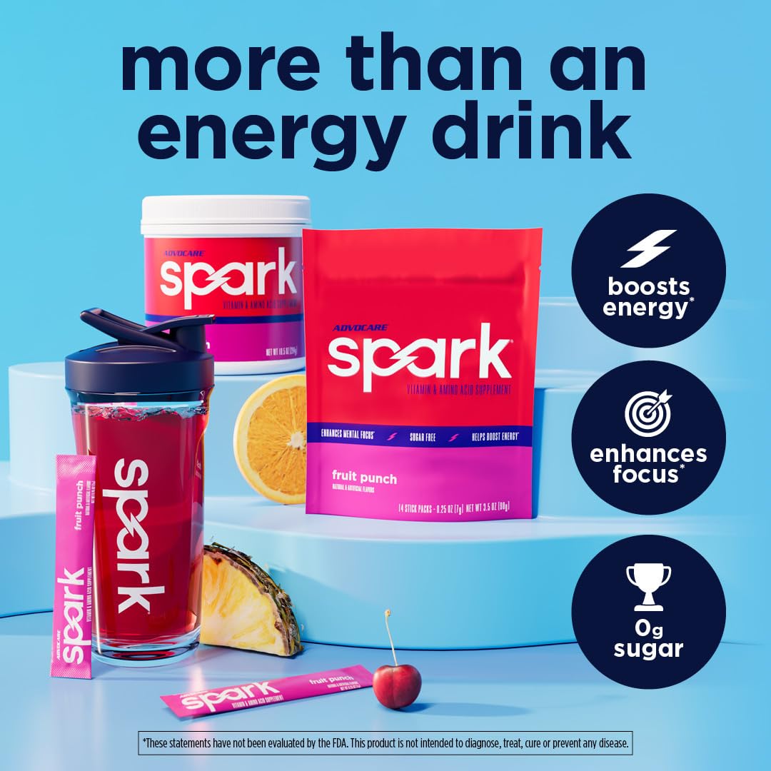 Advocare Spark fruit punch glass mix shows crisp taste and focus benefits