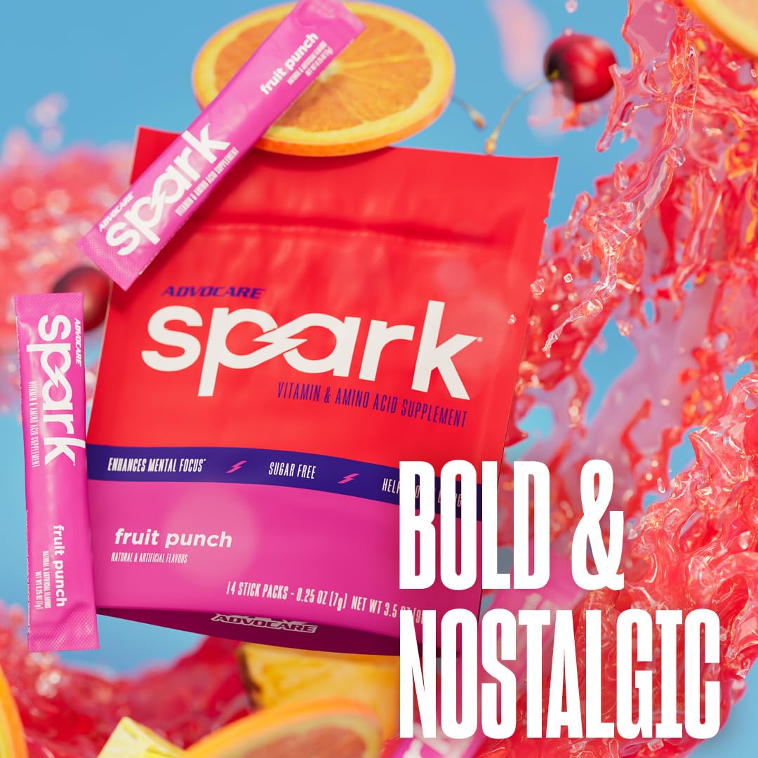 Advocare Spark fruit punch label close-up highlighting caffeine and vitamin C