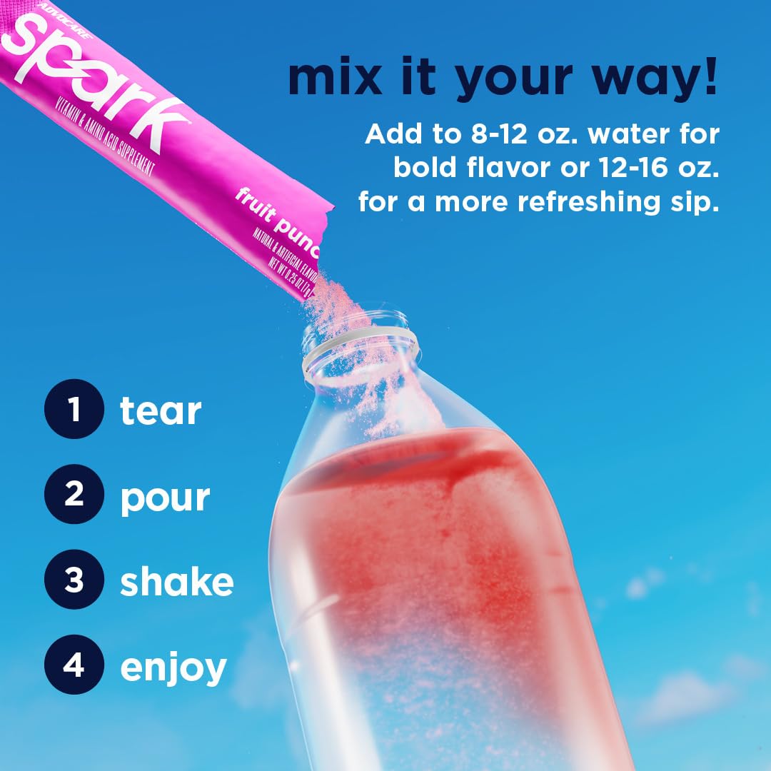 Advocare Spark fruit punch scoop with powder illustrates quick hydration and energy