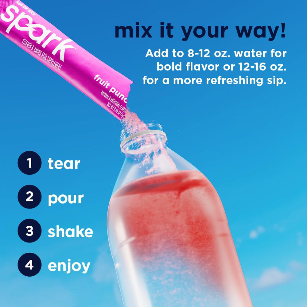 Advocare Spark fruit punch scoop with powder illustrates quick hydration and energy