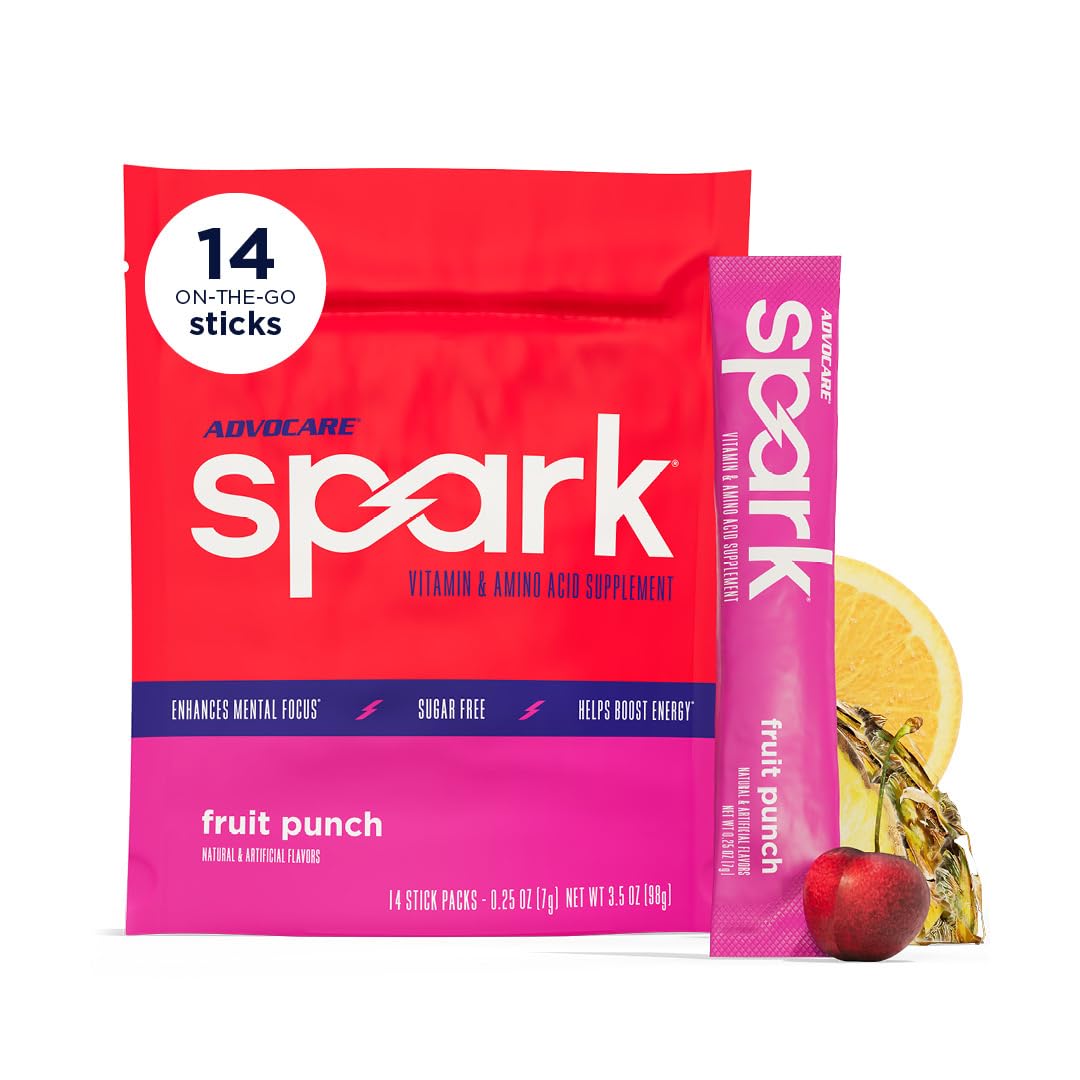 Advocare Spark fruit punch stick pack front view highlights convenient energy on the go