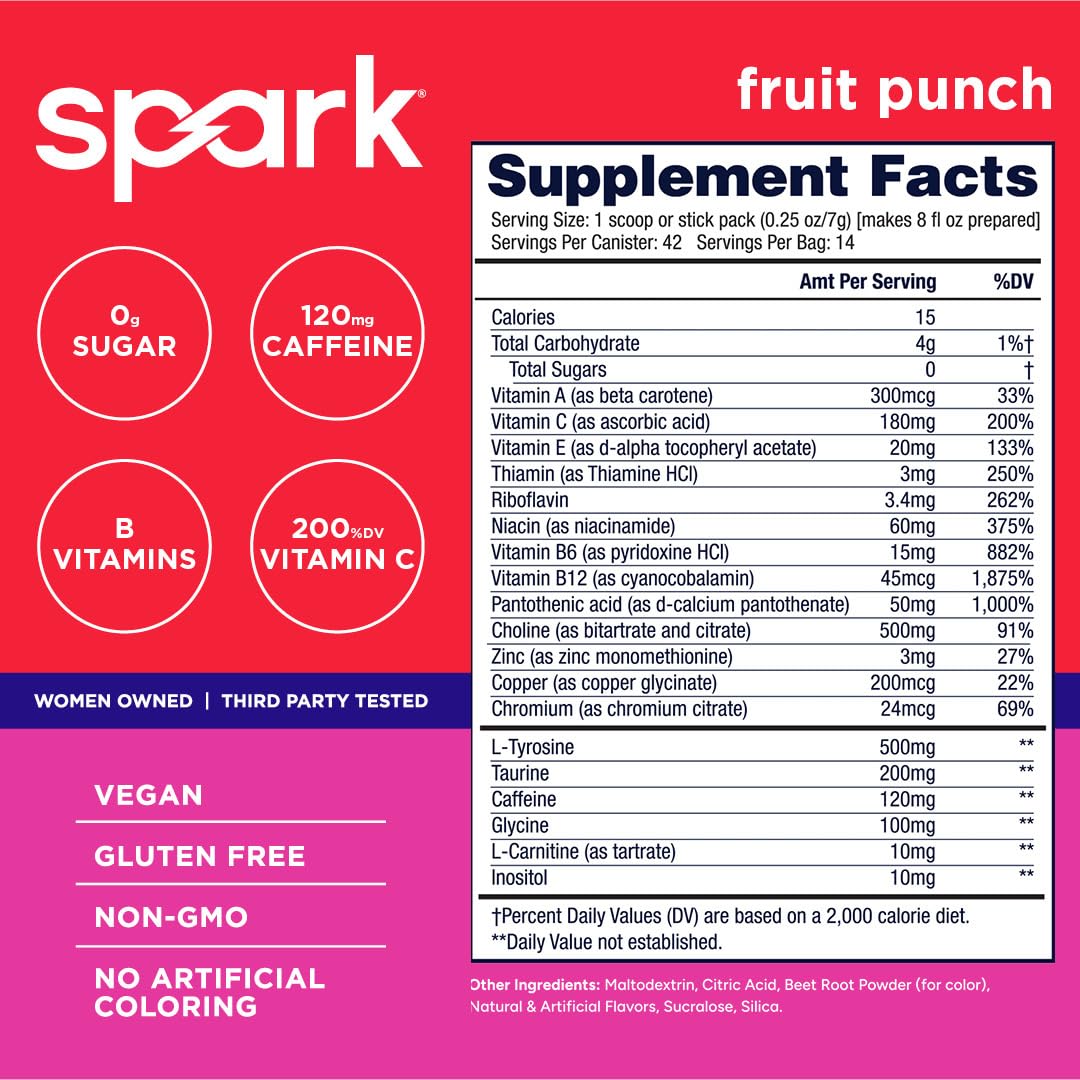 Advocare Spark fruit punch stick pack side view emphasizes portable energy for busy days