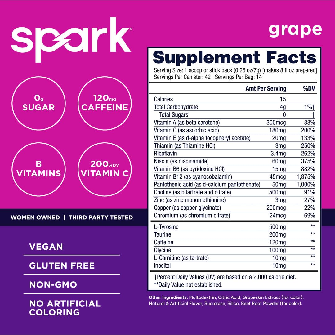 AdvoCare Spark grape powder being dispensed for a tasty sugar-free pick-me-up.