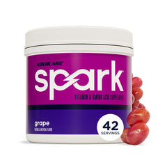 AdvoCare Spark grape tub front label showing sugar-free energy and vitamins for daily use