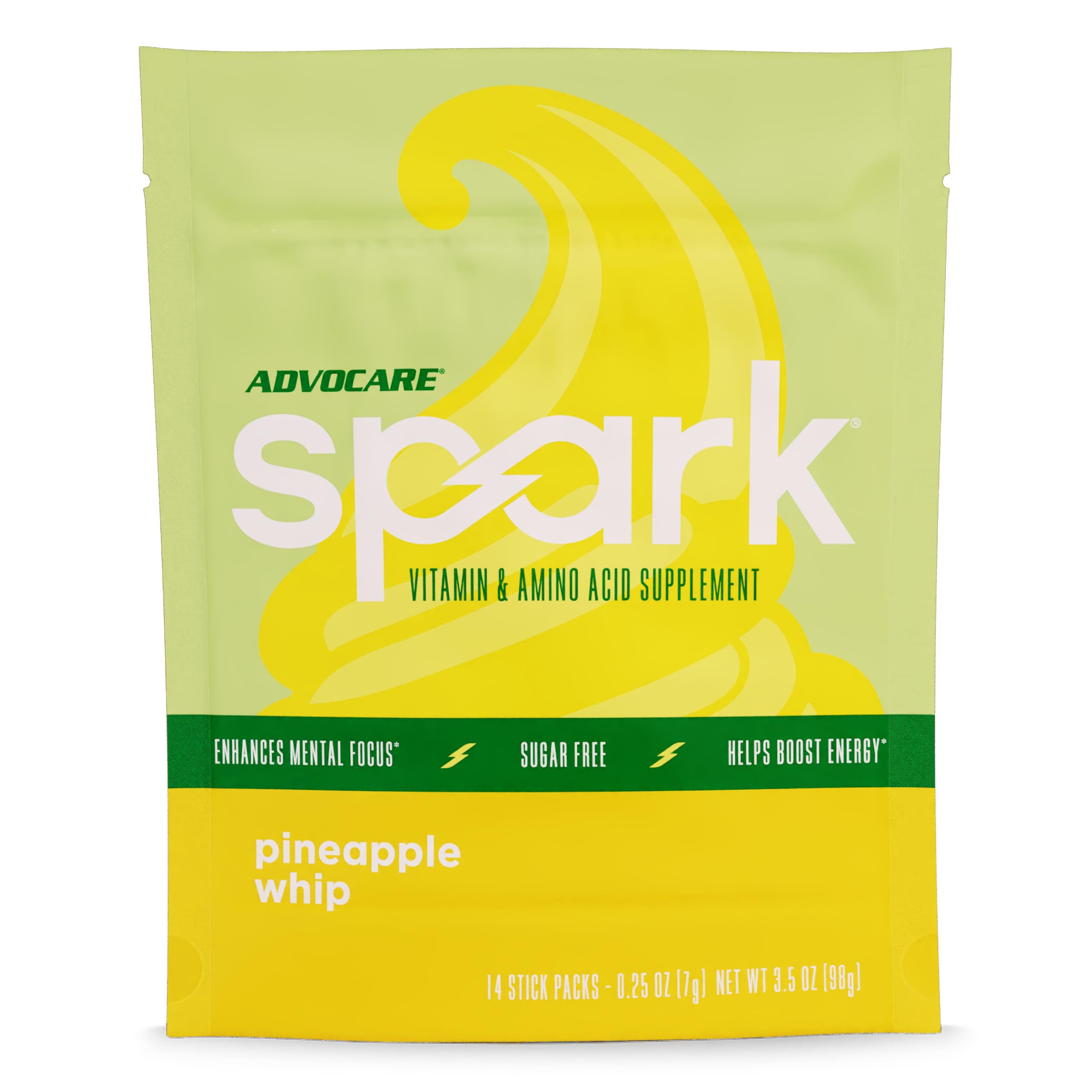 AdvoCare Spark stick pack front with pineapple flavor for portable energy.