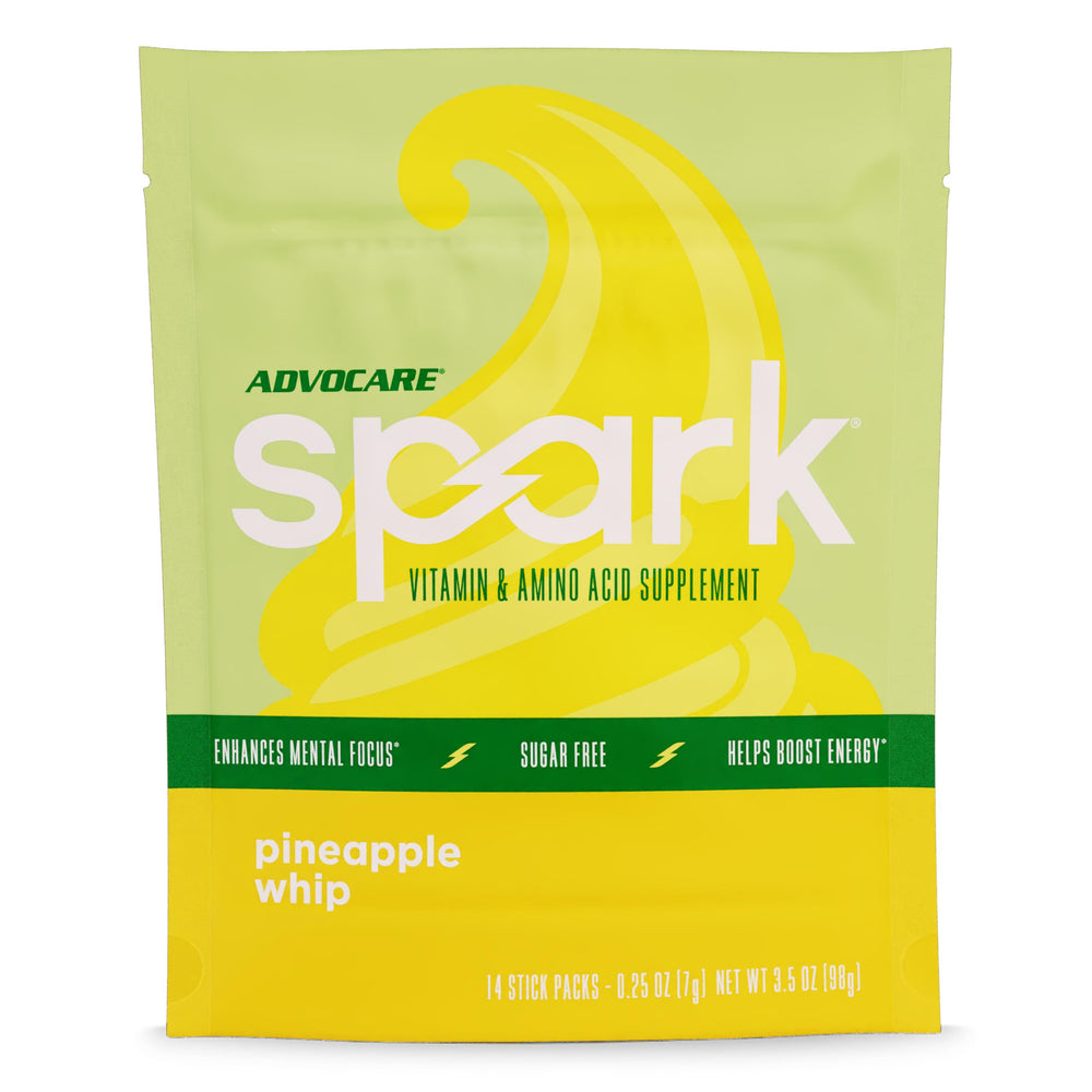 AdvoCare Spark stick pack front with pineapple flavor for portable energy.