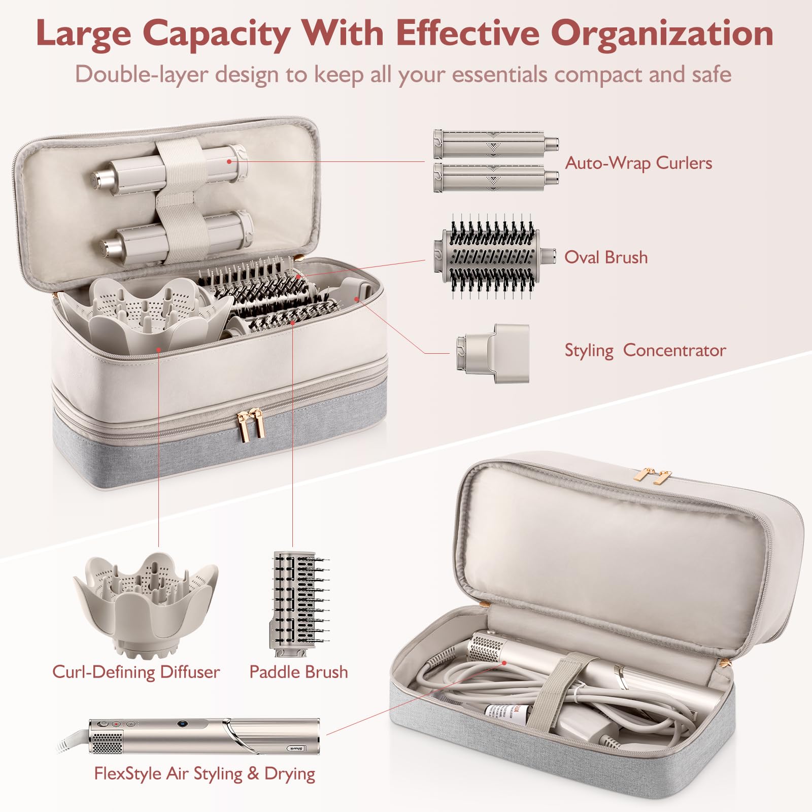Adworte case exterior in gray fabric and beige leather adds style and protection