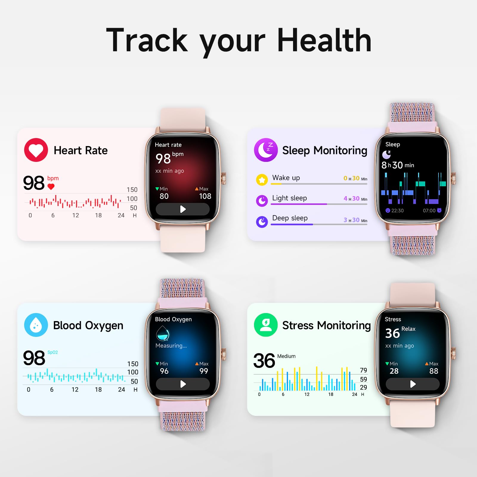 AEAC smart watch health monitoring highlights heart rate and sleep tracking.