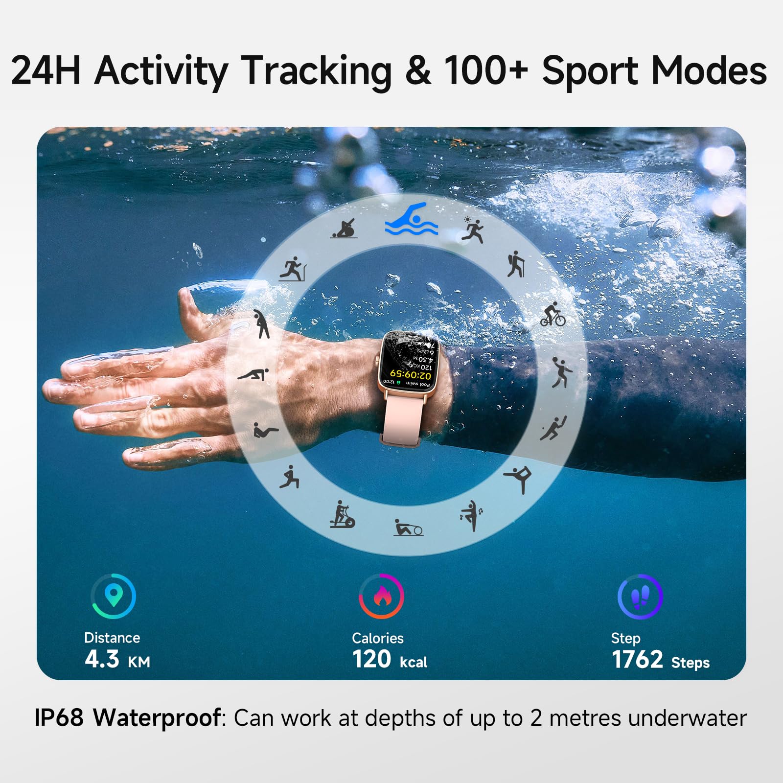 AEAC smart watch IP68 waterproof design for pool and rain resilience.