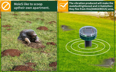 AECITY green mole repellent stake demonstrates wide coverage for yards.