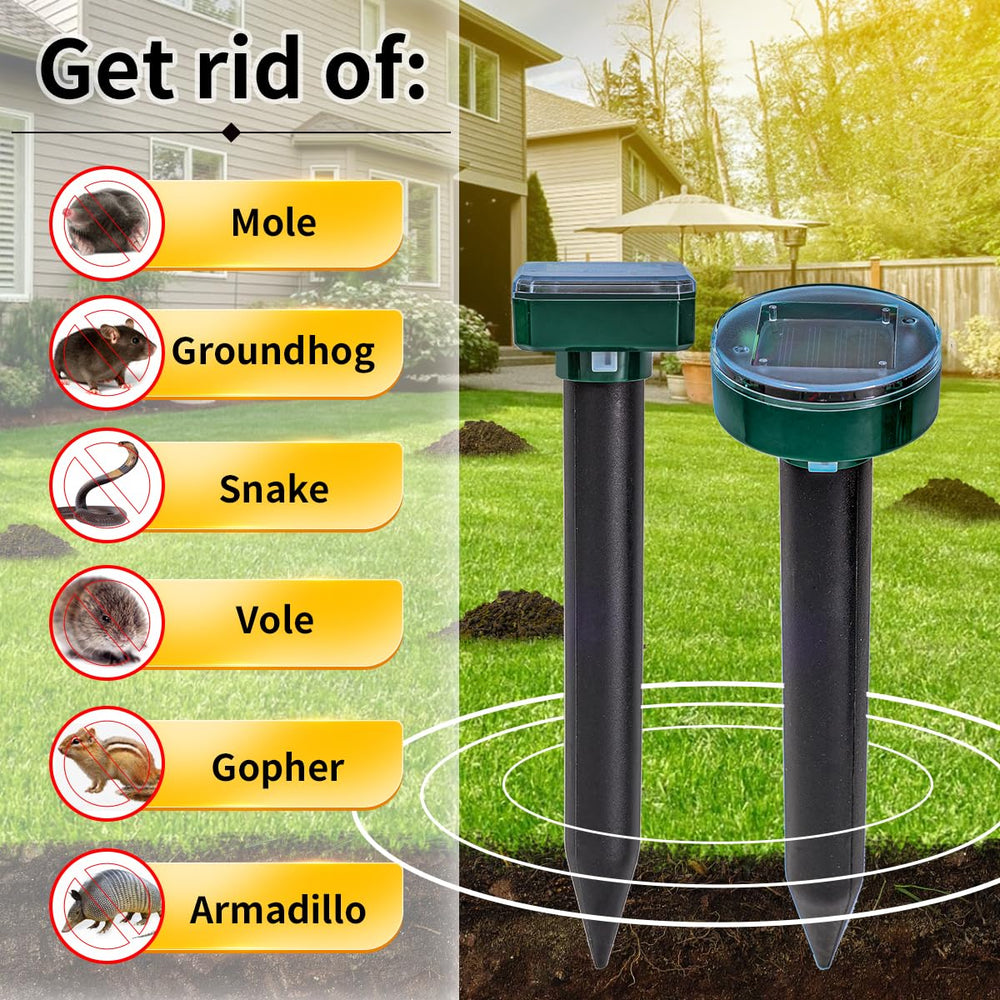 AECITY solar-powered pest stake powering a quiet, wire-free garden defense.