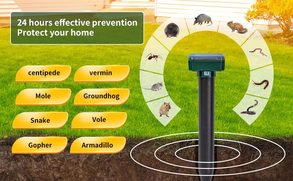 AECITY ultrasonic mole deterrent stake delivering low-frequency pulses in lawn.
