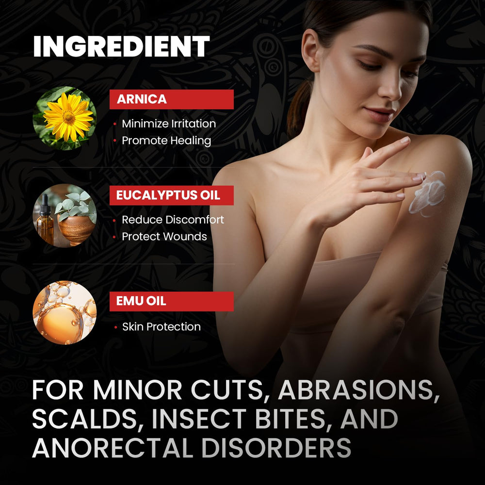 Aemerry Tattoo Cream ingredients panel featuring emu oil and arnica.