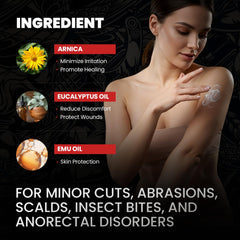 Aemerry Tattoo Cream ingredients panel featuring emu oil and arnica.