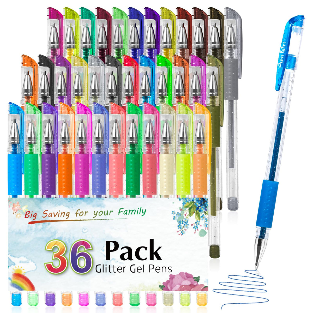 Aen Art Glitter Gel Pens 36-color set for detailed coloring with long-lasting ink.