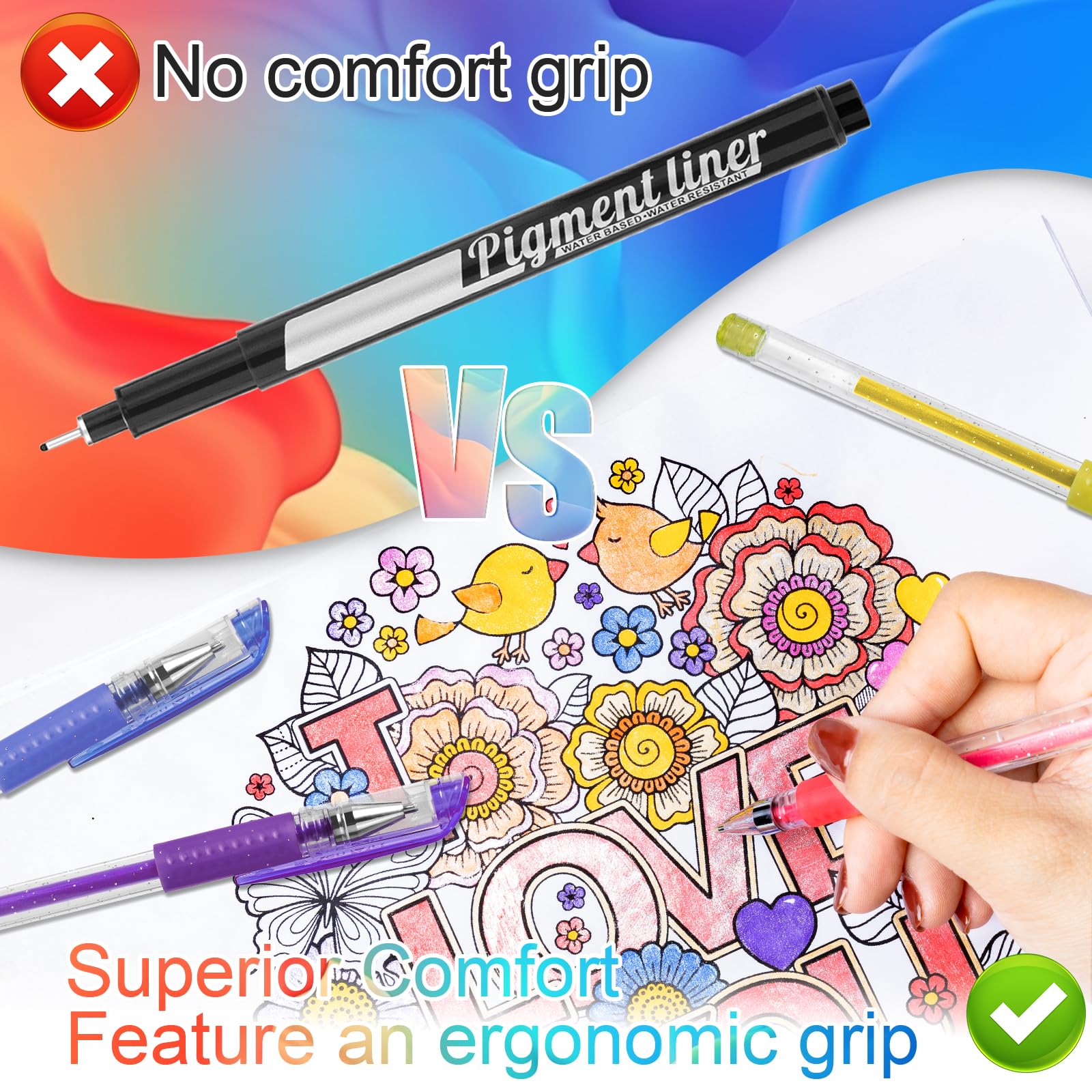 Aen Art Glitter Gel Pens with ergonomic grip for comfortable coloring sessions.
