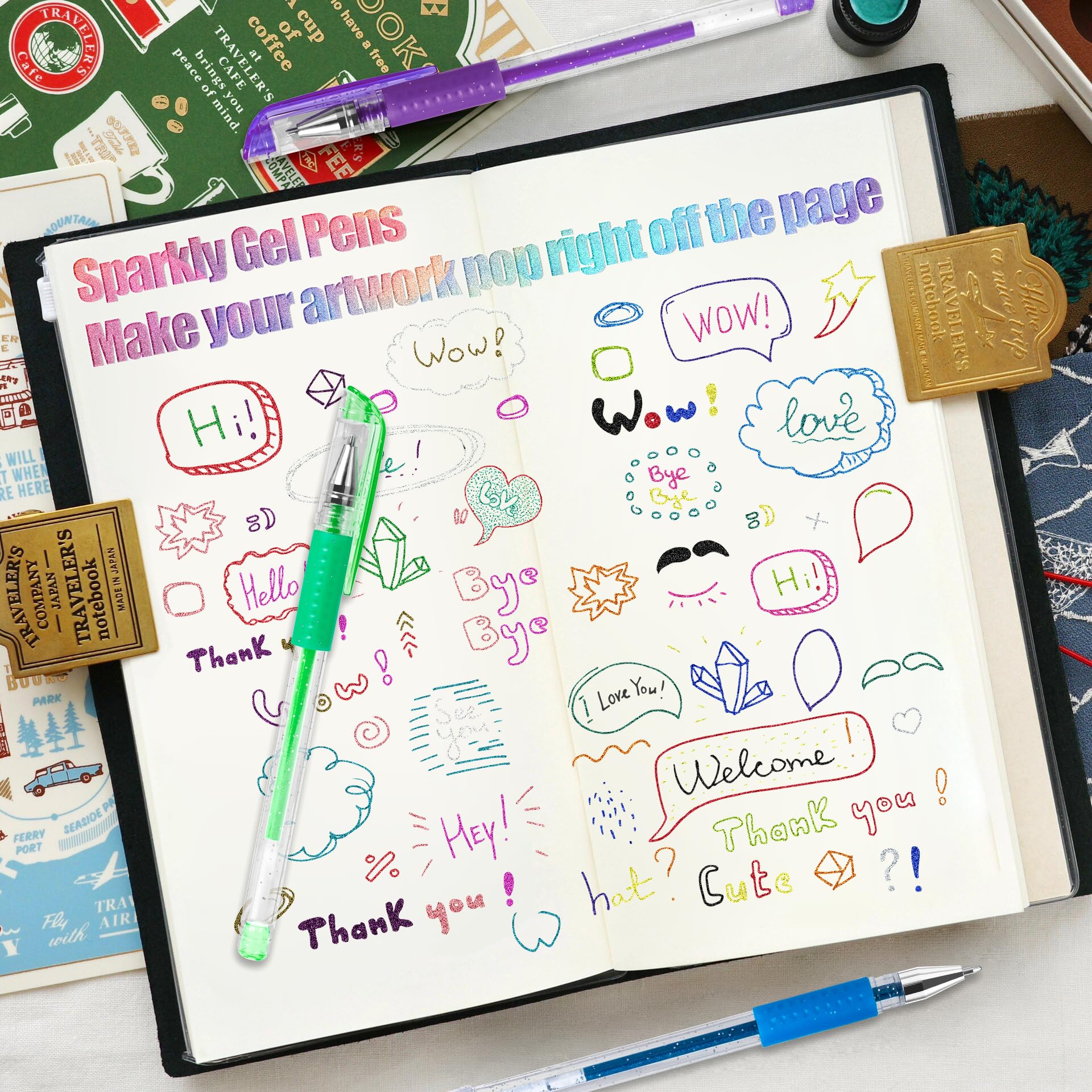 Aen Art Glitter Gel Pens shown in journaling and doodling with glitter accents.