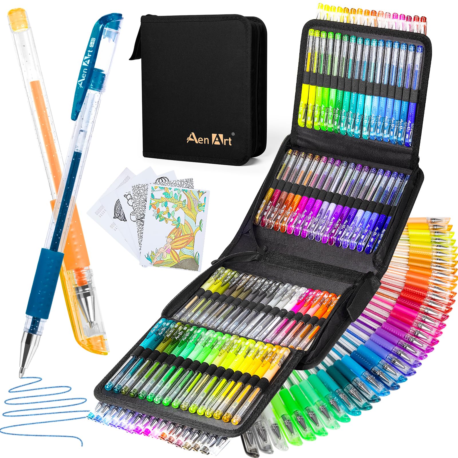 Aen Art glitter gel pens case open showing 100 colors for vibrant journaling
