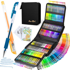Aen Art glitter gel pens case open showing 100 colors for vibrant journaling