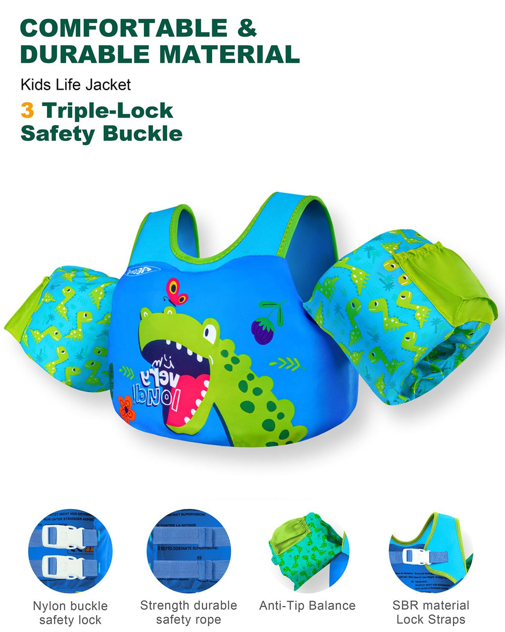 AEOCOO dinosaur swim vest arm floats support free arm movement during water fun.