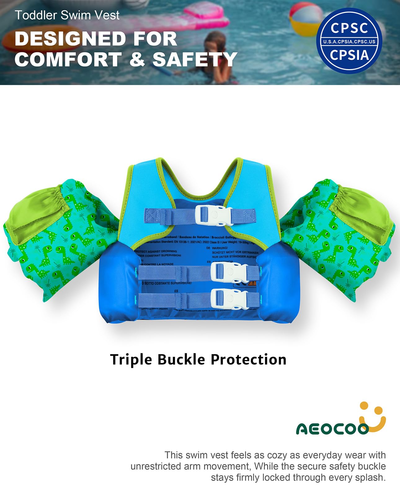 AEOCOO dinosaur swim vest back buckle keeps training comfortable as kids learn to float.
