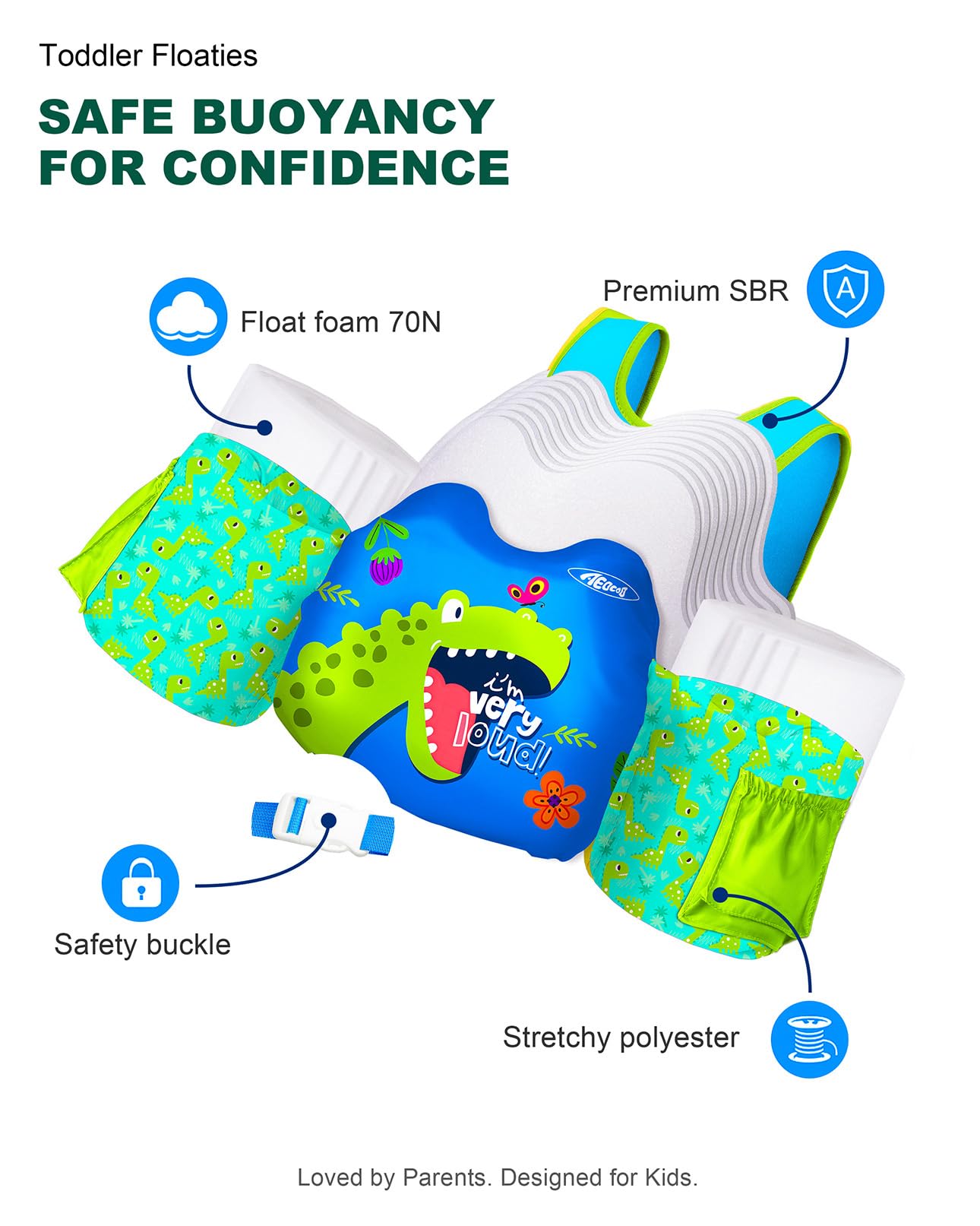 AEOCOO dinosaur swim vest colorful print motivates kids to enjoy pool time safely.