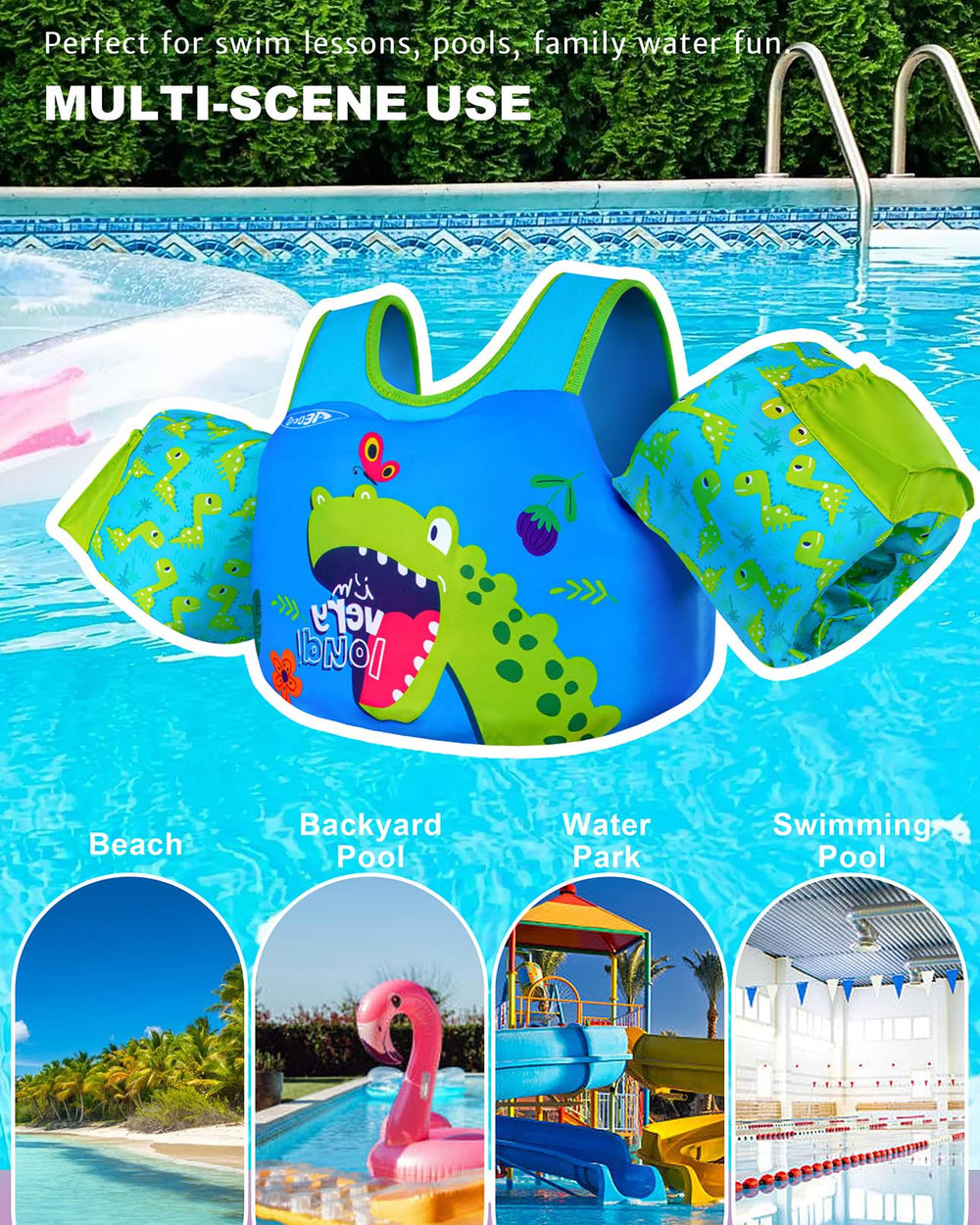 AEOCOO dinosaur swim vest helps parents monitor buoyant confidence during swim practice.