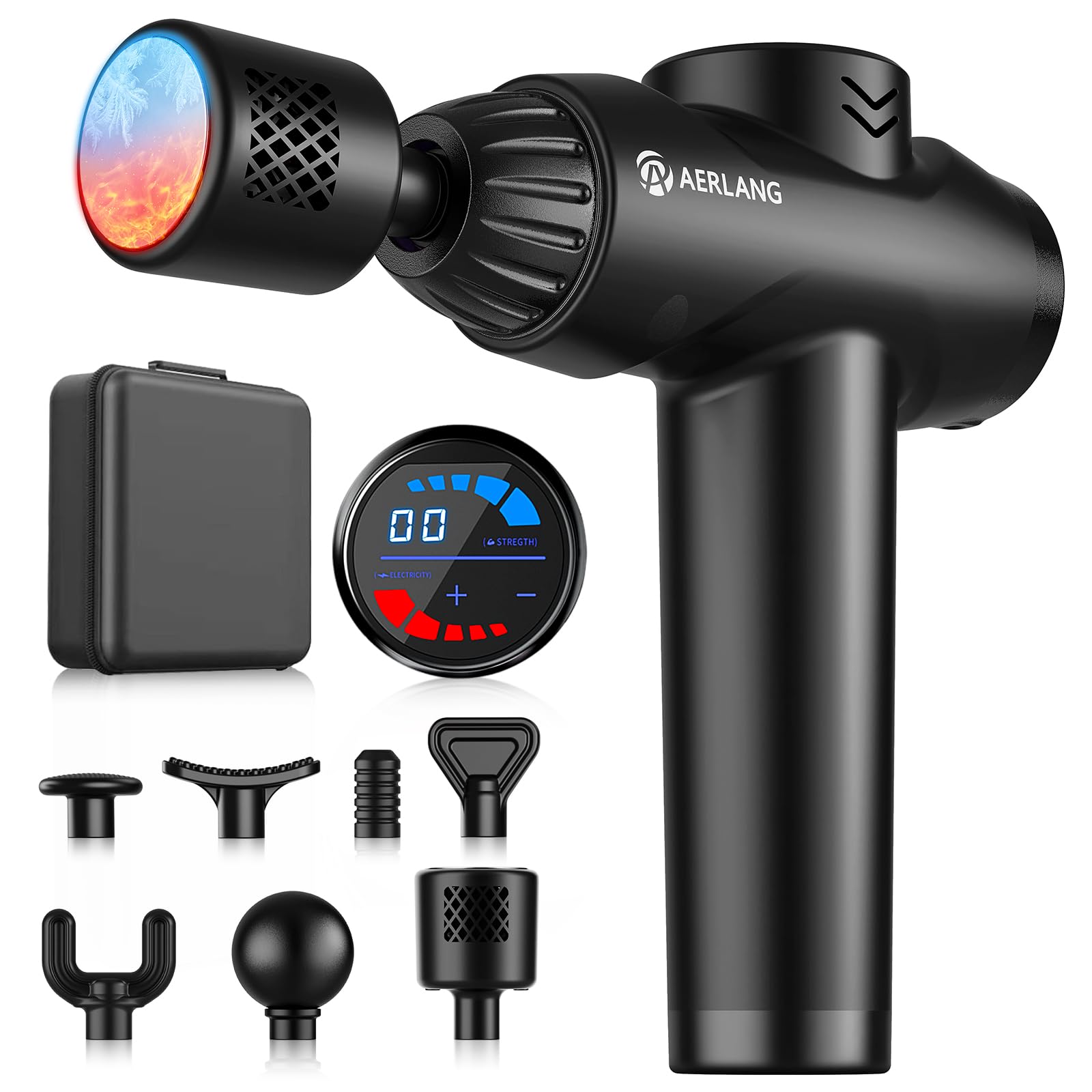 AERLANG massage gun heat and cold display guides your session on the front panel.