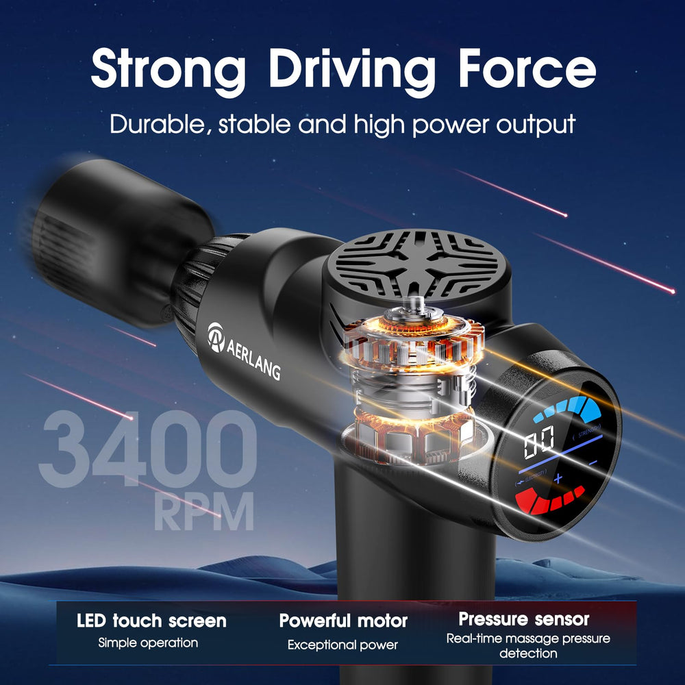 AERLANG massage gun with seven interchangeable heads for targeted relief.