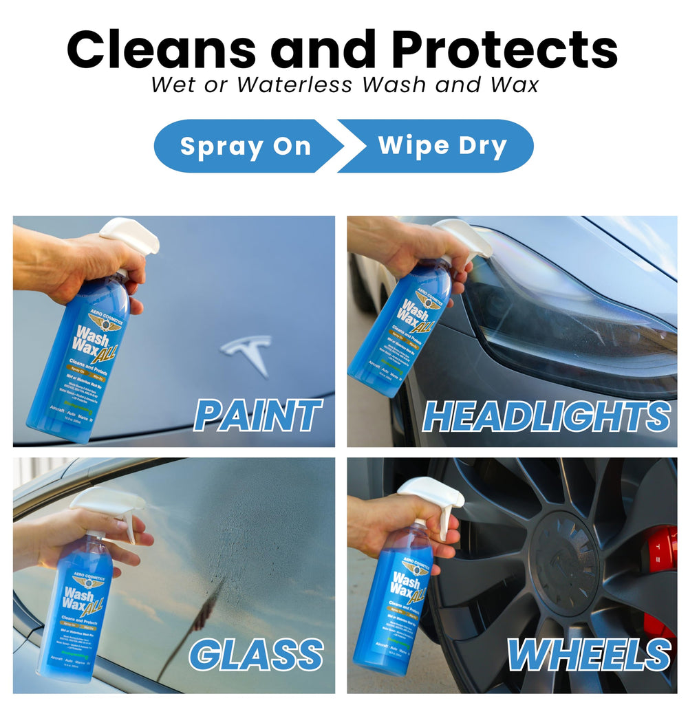 Aero Cosmetics spray nozzle demonstrates spray-on wax application for a fast, glossy finish.