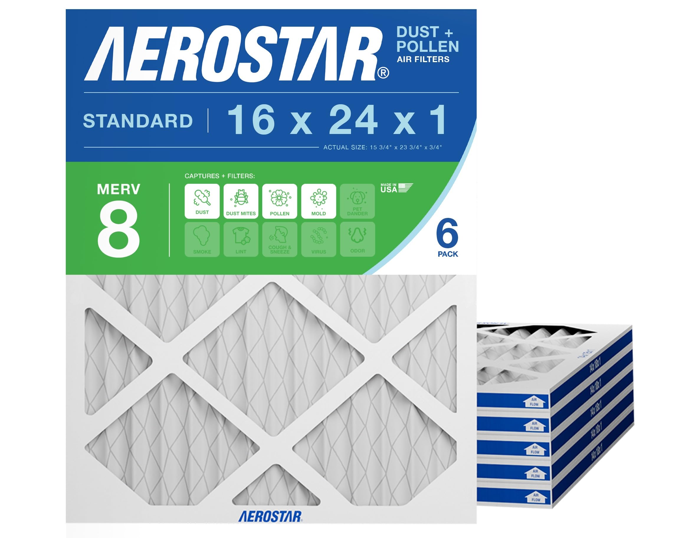 Aerostar 16x24x1 MERV 8 front view shows six-pack packaging for easy replacement