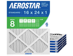 Aerostar 16x24x1 MERV 8 front view shows six-pack packaging for easy replacement