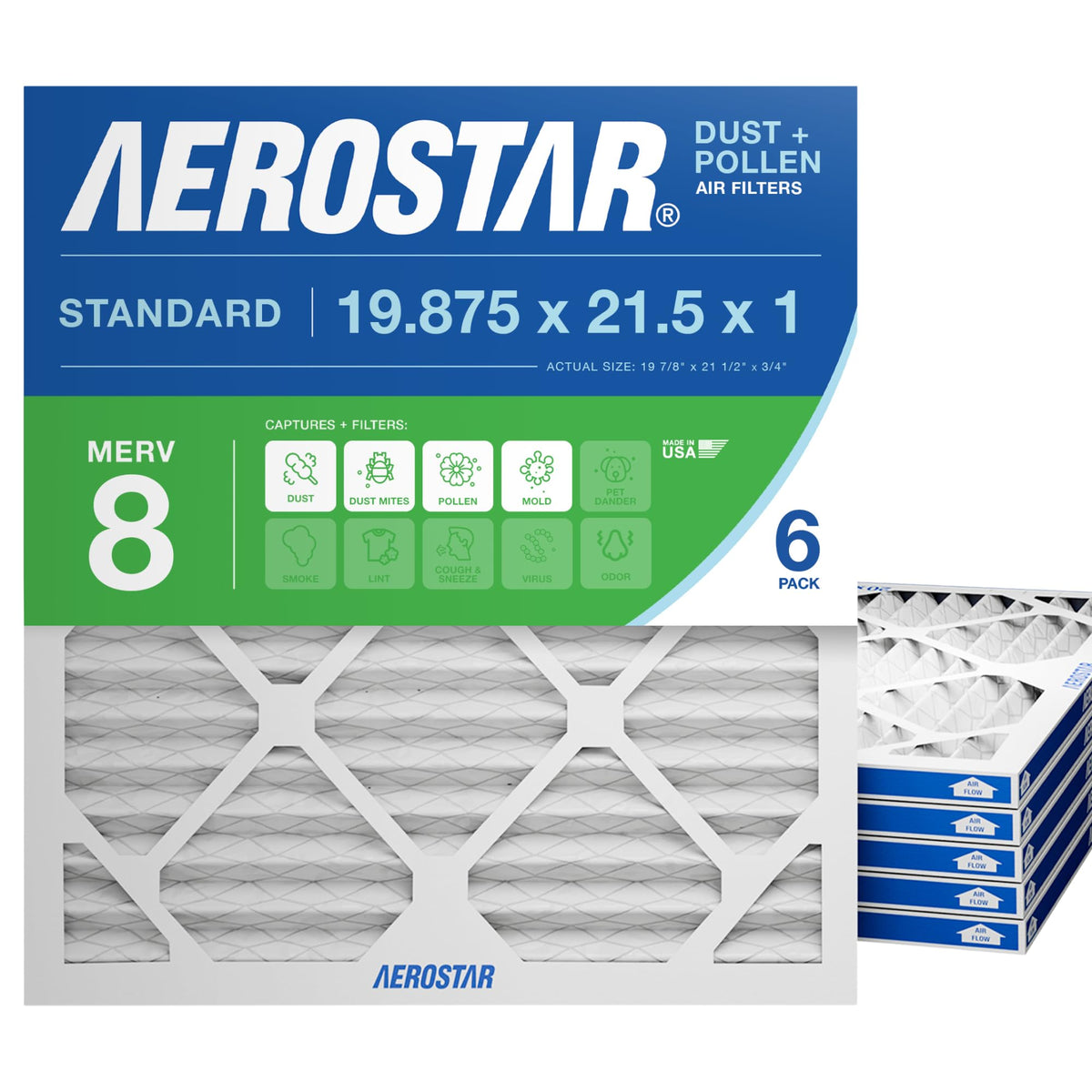 Aerostar pleated air filter with actual size label for easy replacement.