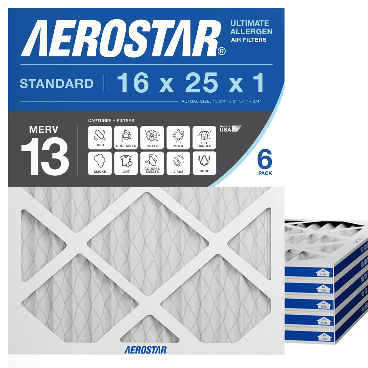 Aerostar pleated filter close-up showing MERV 13 media for cleaner air.